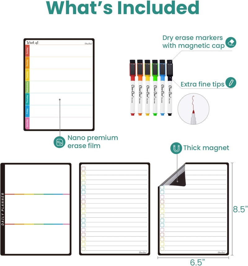 Clever Clean Magnetic Dry Erase List Board - 6.5"x8.5" Weekly, Daily, 2 List Boards for Fridge - 6 Extra Fine Point Markers Included - Shipped Flat - Image 2